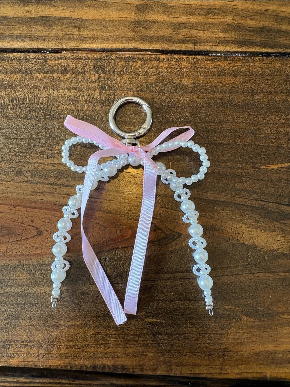 Pearl Beaded Bow with Pink Ribbon Bag Charm